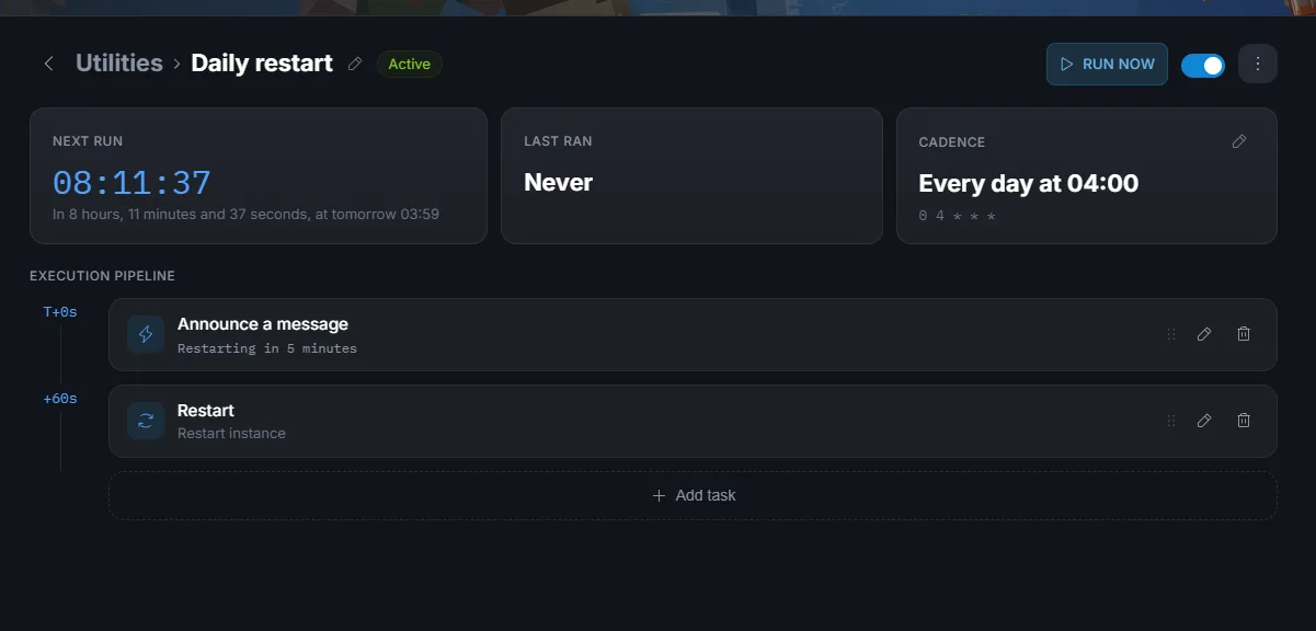 A daily restart utility with its execution pipeline: announce a message, then restart