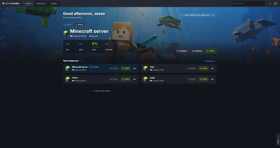 The GameDash home overview, listing the game server instances on an account