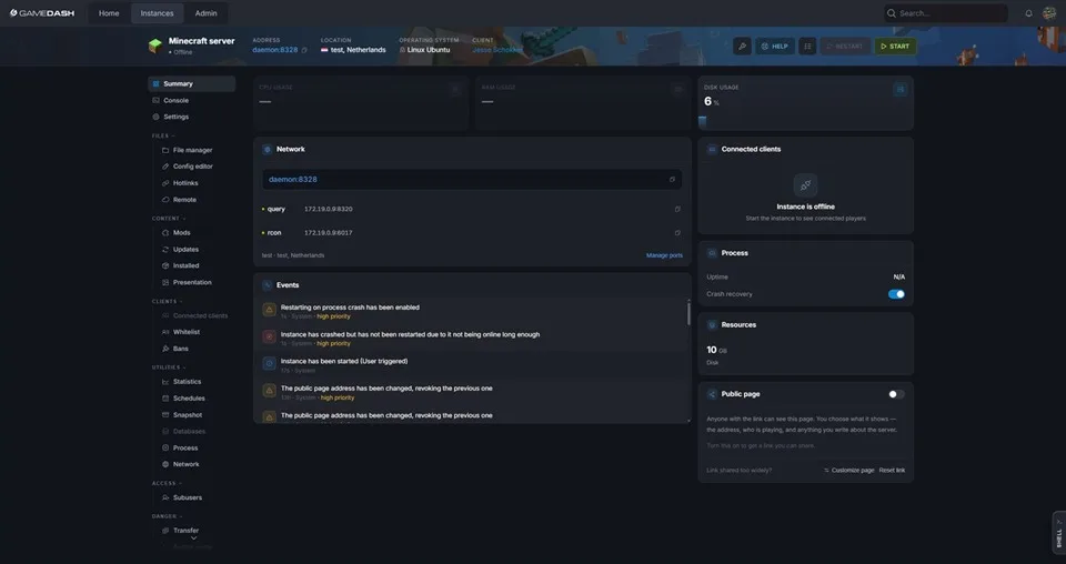 The GameDash instance page, showing network, events and resource panels