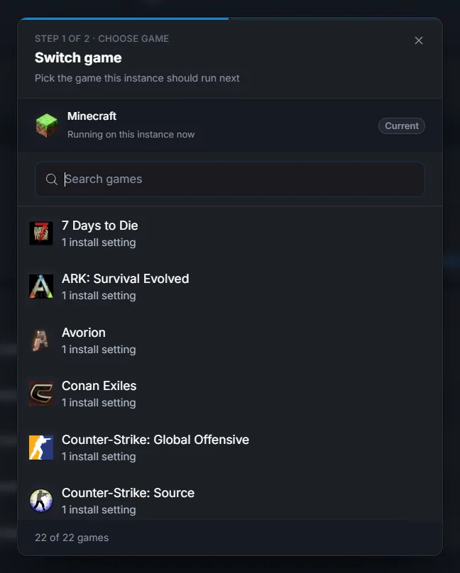 The switch game dialog, listing supported games with their install settings